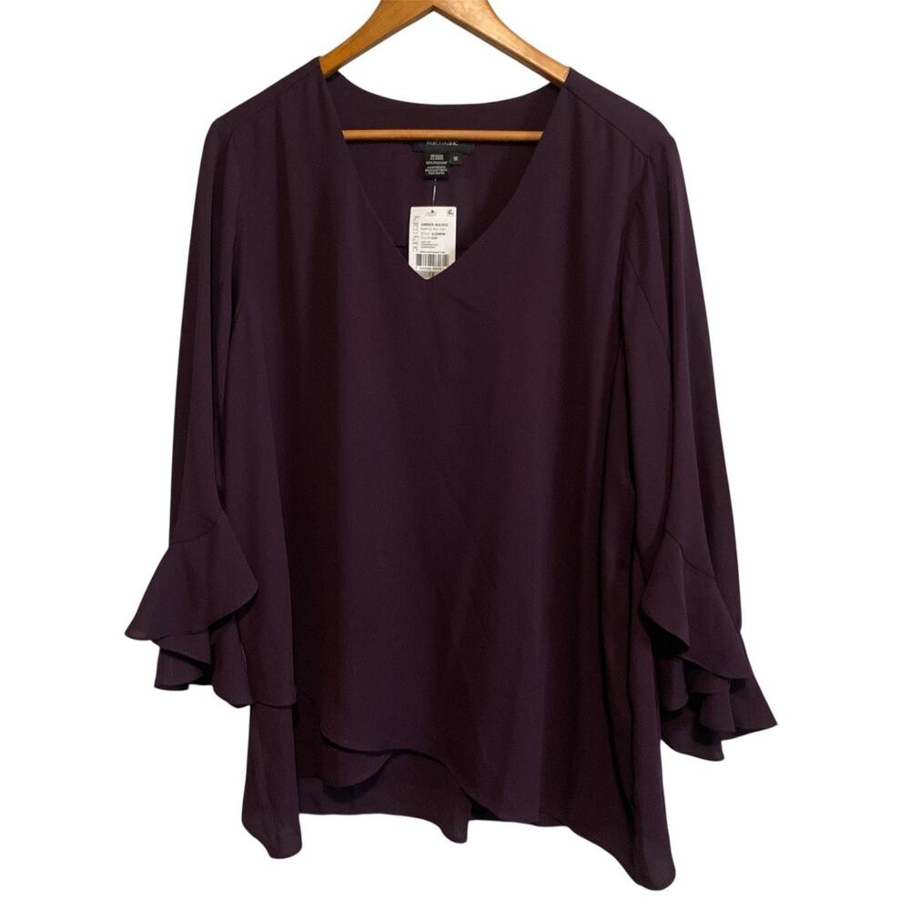 Karen Kane Amber Waves Ruffle Sleeves V-neck Purple Top Plus Size 1X NWT Office